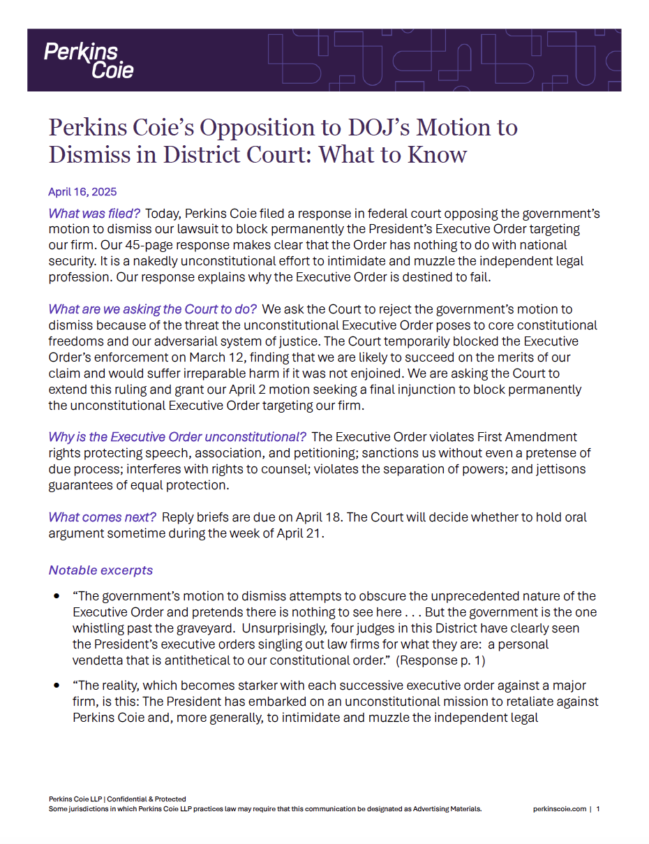 Fact sheet about Perkins Coie's Motion to Dismiss in District Courtt