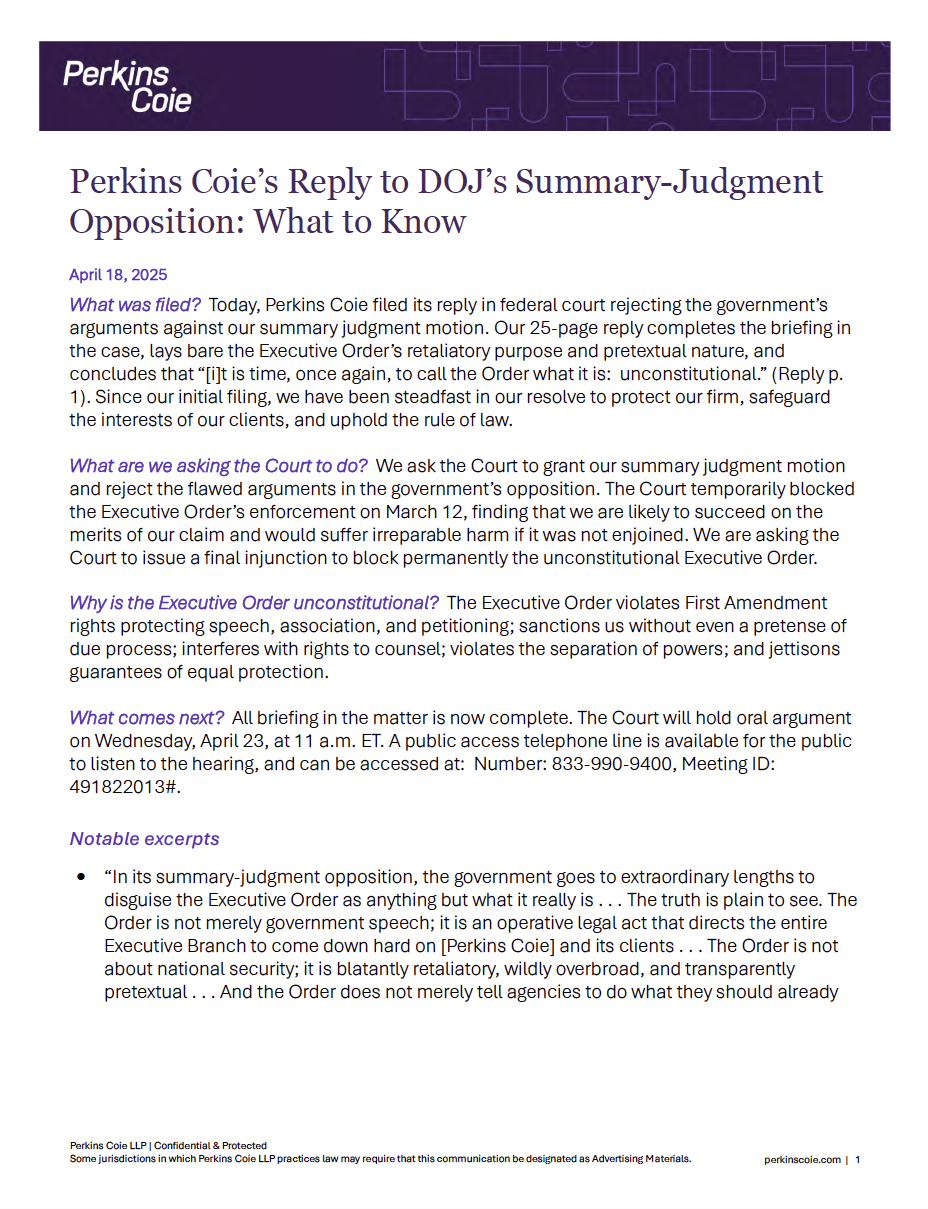 Fact sheet for Perkins Coie's Reply to DOJ's Summary-Judgment Opposition